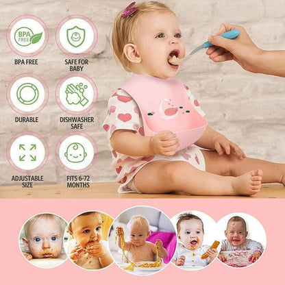 Silicone Waterproof Feeding Bib Apron with Pouch Easy to Clean Smock for Mealtime Use - Dinosaur V528-BIB-DINOSAUR-584767