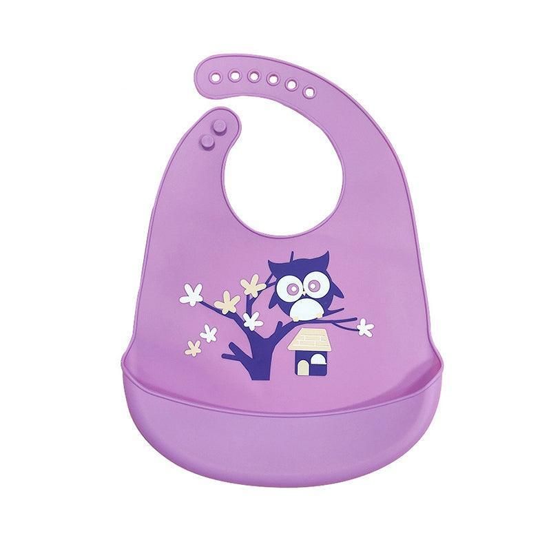 Silicone Waterproof Feeding Bib Apron with Pouch Easy to Clean Smock for Mealtime Use - Owl V528-BIB-OWL-243970