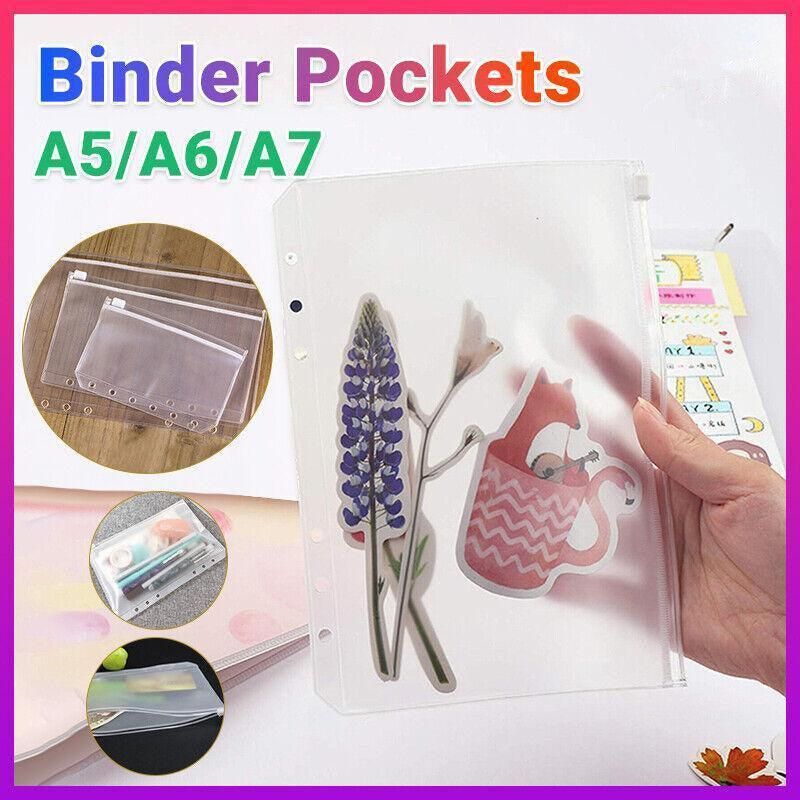 12X A5/A6/A7 Binder Pocket Zipper 6 Holes Pvc Document Filling Bags Clear Kit - A7(13*9CM) V528-BINDERPOCKET-12PCS-A7-914440