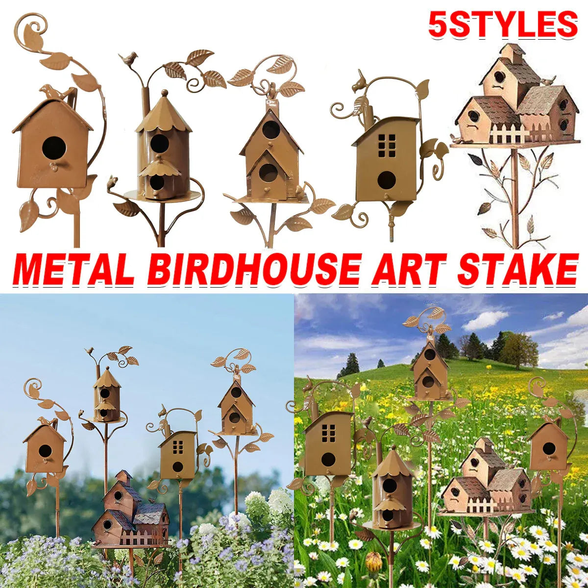 Birdhouse Garden Stakes Outdoor Yard Ornaments for Lawn and Garden Decoration - D V528-BIRD-HOUSE-D-942193