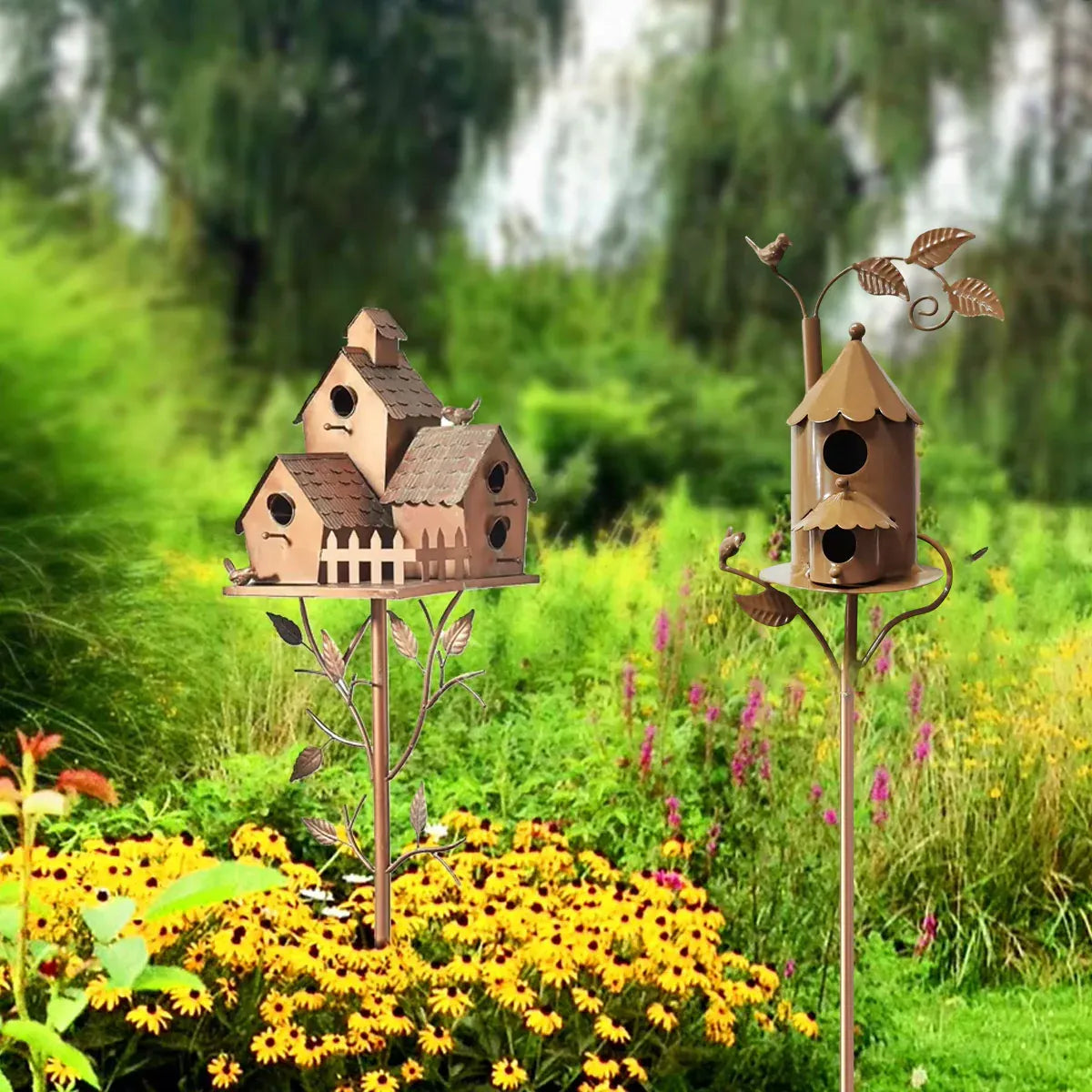 Birdhouse Garden Stakes Outdoor Yard Ornaments for Lawn and Garden Decoration - D V528-BIRD-HOUSE-D-942193