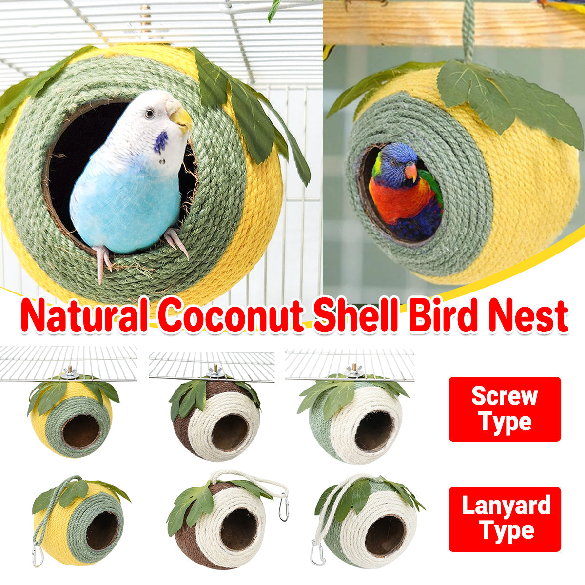 Bird Nest Parrot Nest Coconut Shell Braided Twine Colourful Cage Hanging Bed - White-Green-Screw Model V528-BIRD-NEST-GREEN-LS-755818