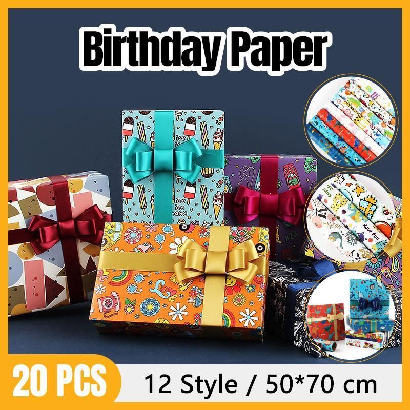 20pcs Cute Animal Cartoon Gift Wrapping Paper for Toys Bookskin and Crafts - Striped Birthday-20PCS V528-BIRTHDAYS-PAPER-20PCS-TWSR-417825
