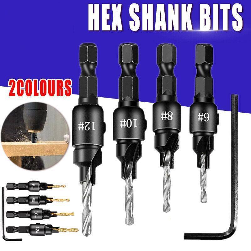 4PCS Screw Countersink Bit Set Pilot Holre Drill Metal Plastic Wood Hex Shank - Gold V528-BITSET-4PCS-GOLD-683801