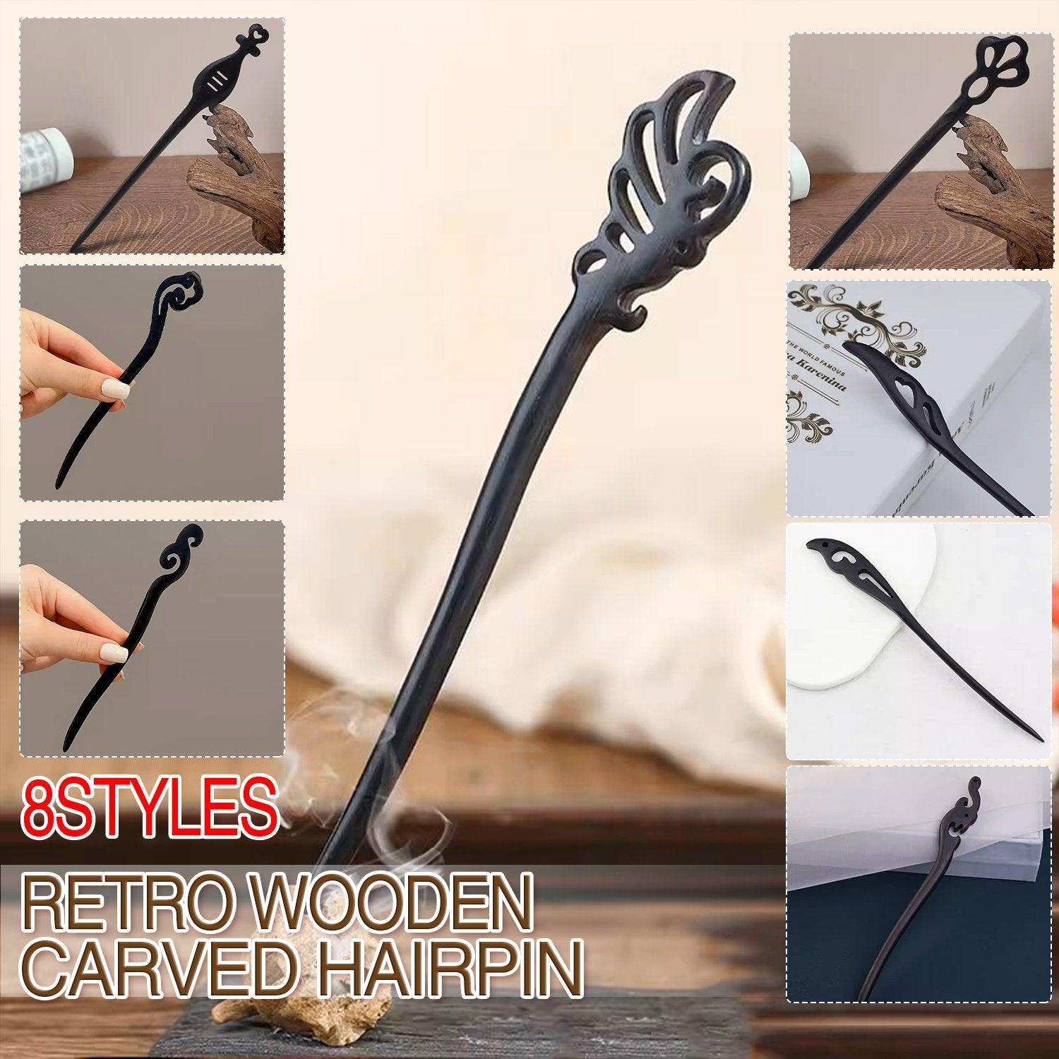 Retro Wooden Carved Hair Sticks Women Hairpin Barrette Chopsticks Accessories - B V528-BL-B47736
