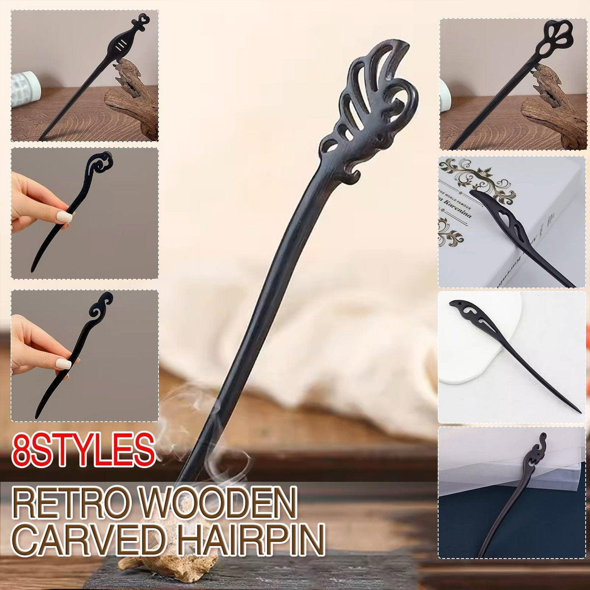 Retro Wooden Carved Hair Sticks Women Hairpin Barrette Chopsticks Accessories - D V528-BL-D24088