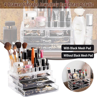 Holder Cosmetic Makeup Organiser 4 Drawer Storage Jewellery Box Clear Acrylic - With Black Mesh Pad V528-BLACKMESHPAD-4GRIDS-465879