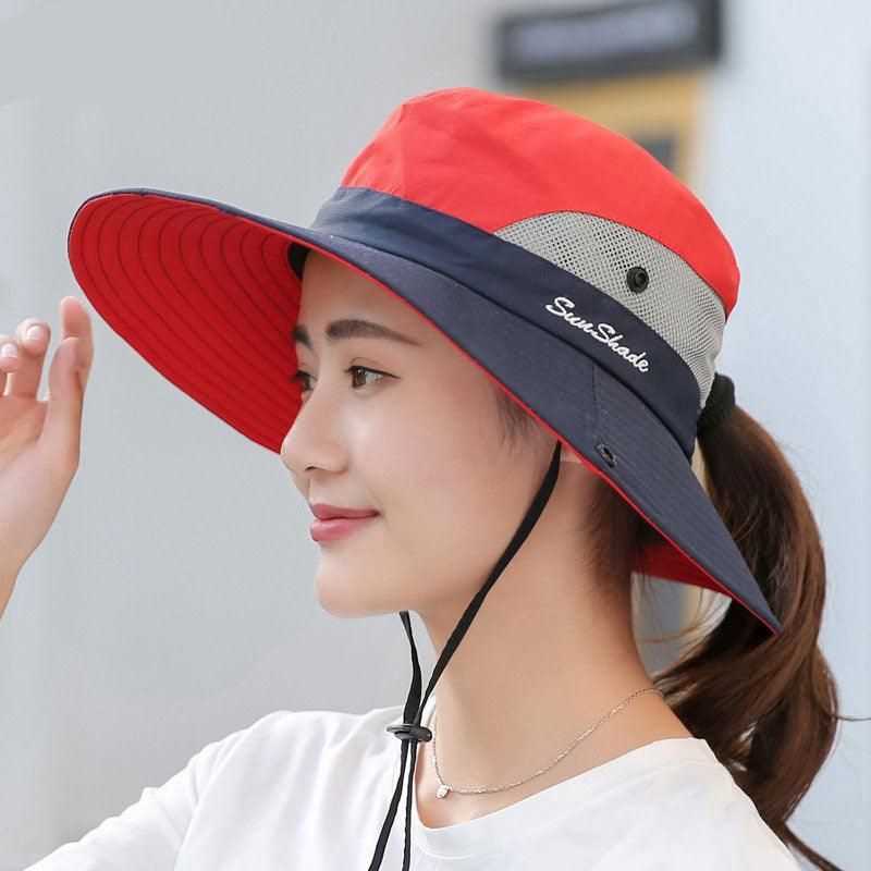 Women Wide Brim Ponytail Hat Sun Protect Visor Summer Beach Cap Anti Uv Floppy - Blue V528-BLCOLOUR-BLUE29142