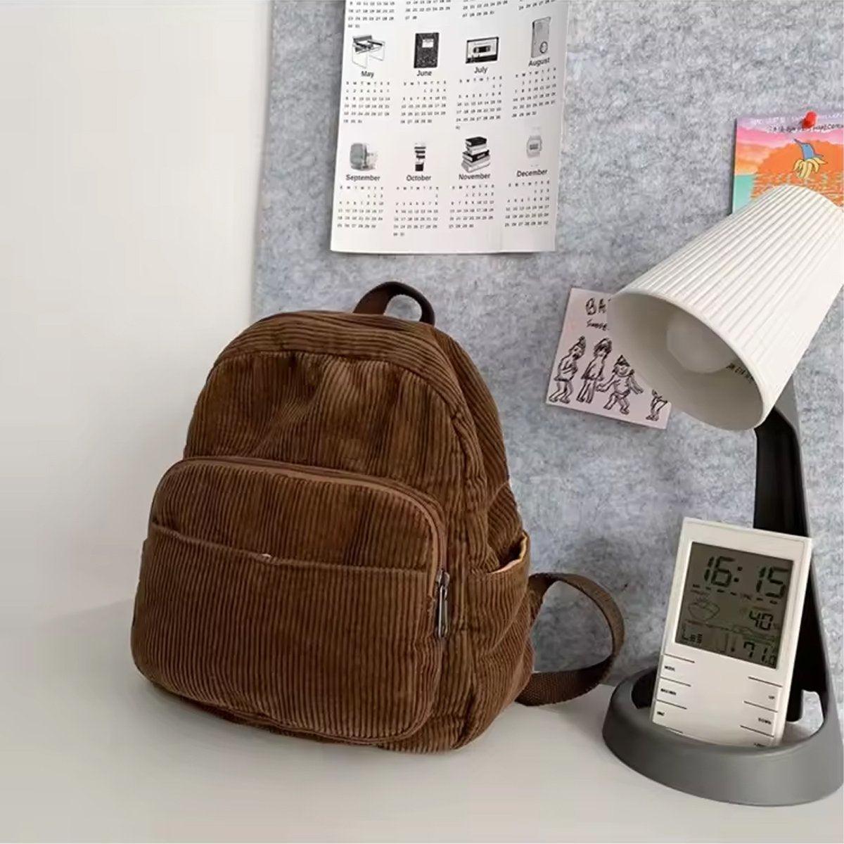 Schoolbag Corduroy Shoulder Bag Simple Mini Backpack for Daily Casual Use V528-BOOK-BAG-COFFEE-698051