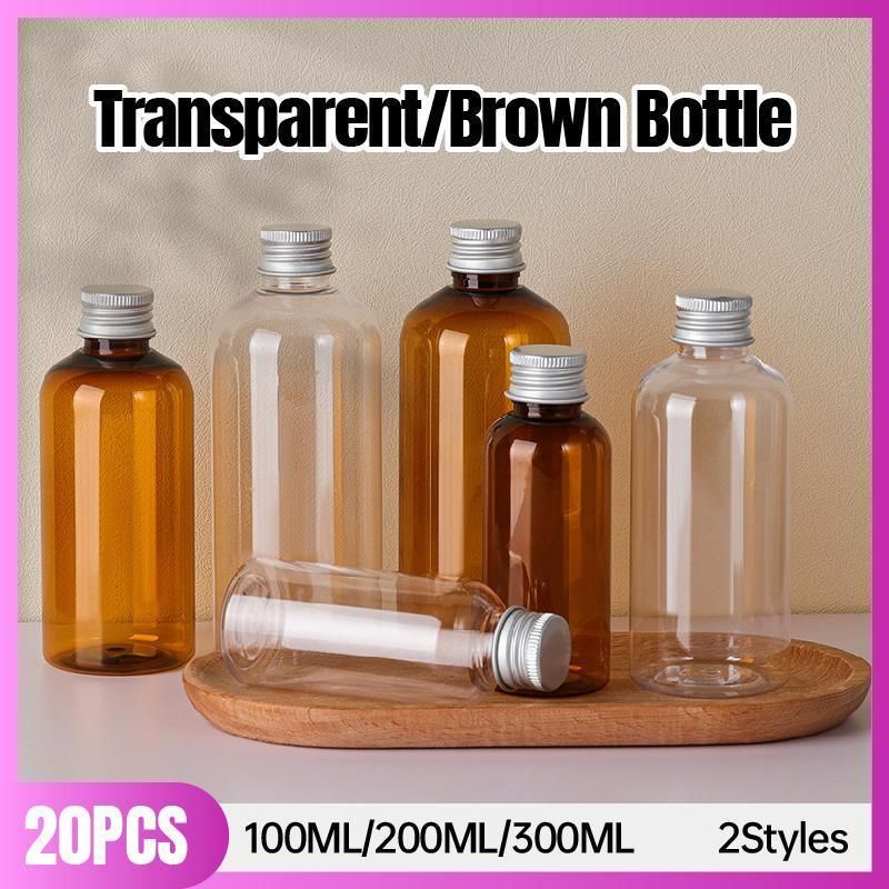 20pcs Brown Transparent Cosmetic Bottles with Aluminum Lids for Packaging - Transparent-200ml V528-BOTTLE-20PCS-TRANSPARENT-200ML-857142