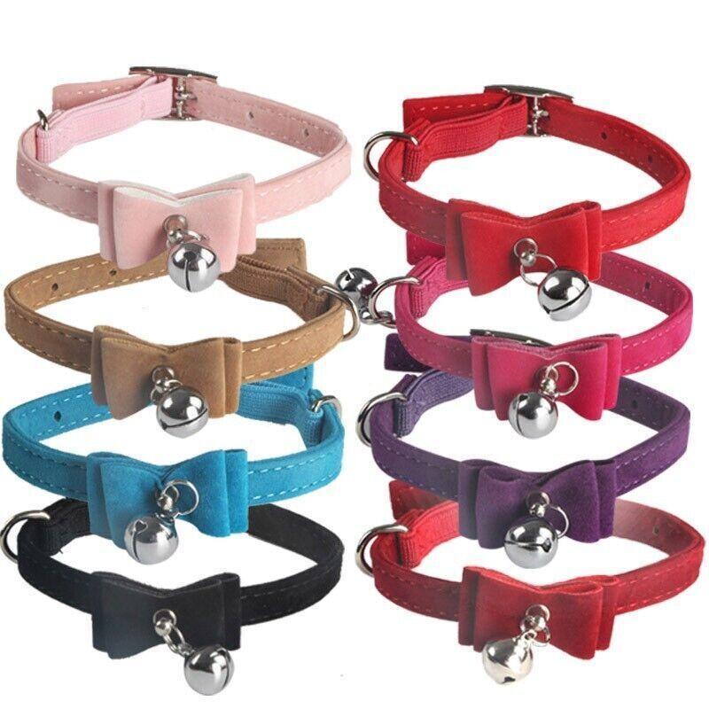 1x Adjustable Suede Cat Collar with Bow Bell Pink Blue Black Red - Rose Red V528-BOWCOLLAR-ROSERED-22448