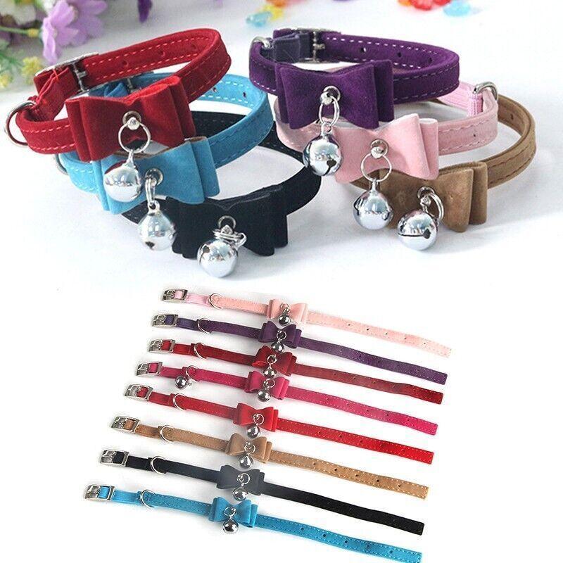 1x Adjustable Suede Cat Collar with Bow Bell Pink Blue Black Red - Rose Red V528-BOWCOLLAR-ROSERED-22448