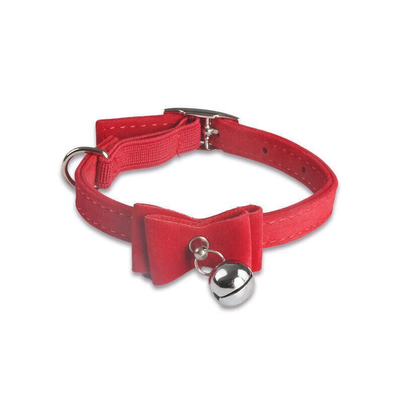 1x Adjustable Suede Cat Collar with Bow Bell Pink Blue Black Red - Rose Red V528-BOWCOLLAR-ROSERED-22448