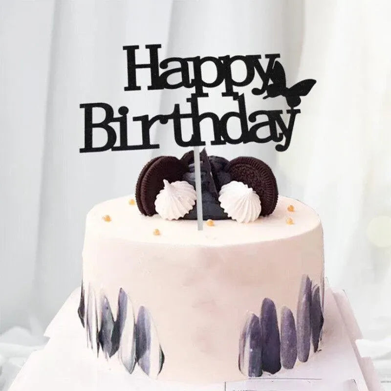 Happy Birthday Cake Topper Colour Printed Acrylic Party Decorations - Black-Bowknot V528-BOWTIE-BLACK-189555