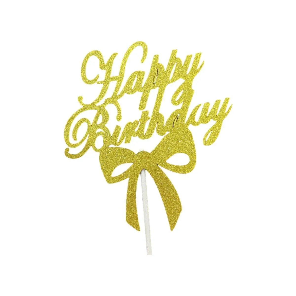 Happy Birthday Cake Topper Colour Printed Acrylic Party Decorations - Gold-Bowknot V528-BOWTIE-GOLD-980255