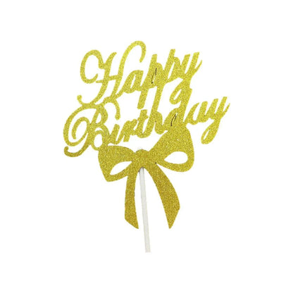 Happy Birthday Cake Topper Colour Printed Acrylic Party Decorations - Gold-Bowknot V528-BOWTIE-GOLD-980255