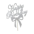 Happy Birthday Cake Topper Colour Printed Acrylic Party Decorations - Silver-Bowknot V528-BOWTIE-SILVER-244160