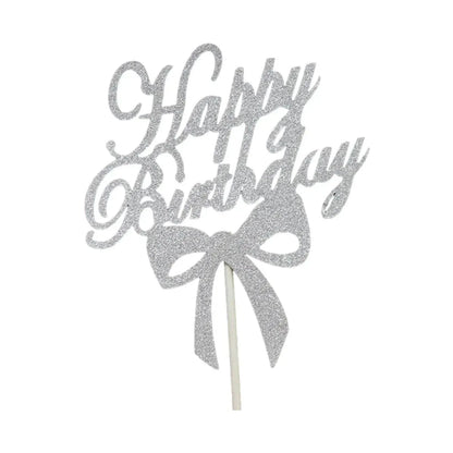 Happy Birthday Cake Topper Colour Printed Acrylic Party Decorations - Silver-Bowknot V528-BOWTIE-SILVER-244160