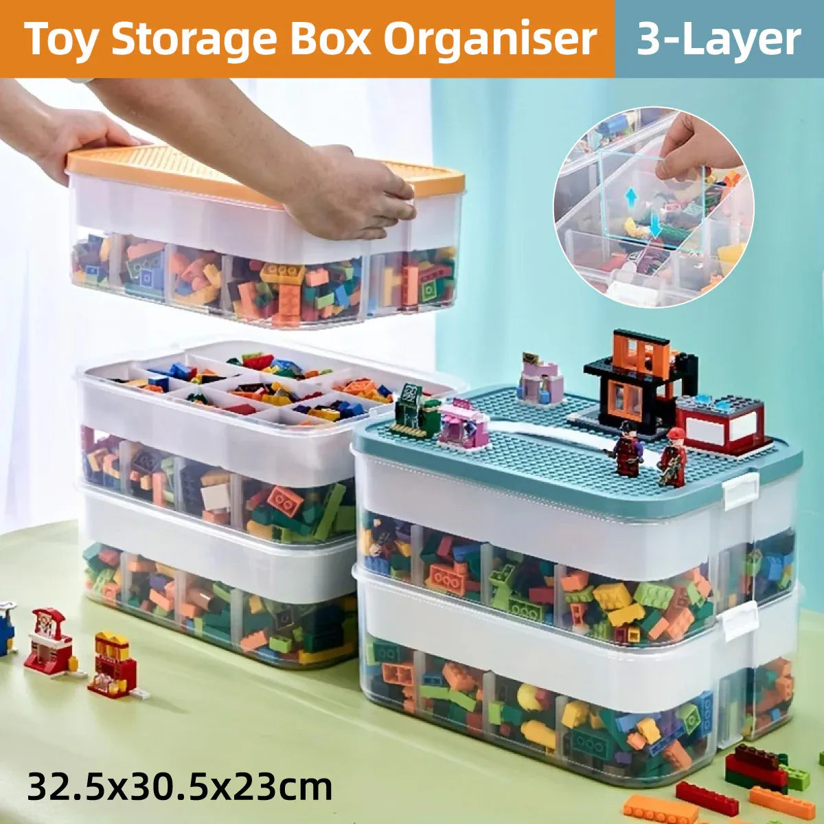 3Layer Storage Box Large Capacity Toy Organizer Building Block Storage Container - Green V528-BOX-3-GREEN-327168