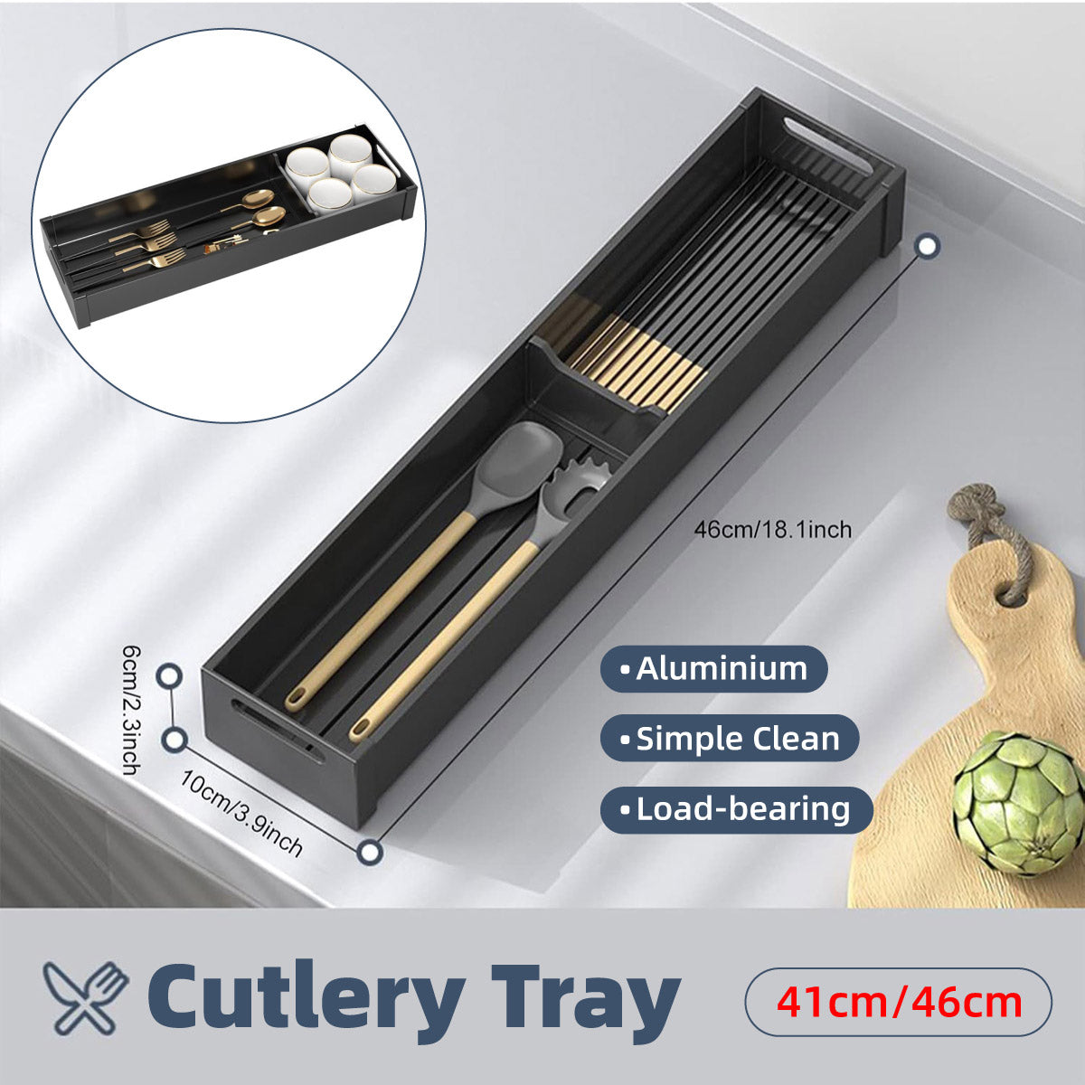 Kitchen Cabinet Drawer Cutlery Tray Utensil Organiser Insert Divider Storage - 41x10cm V528-BOX-41-10-665469