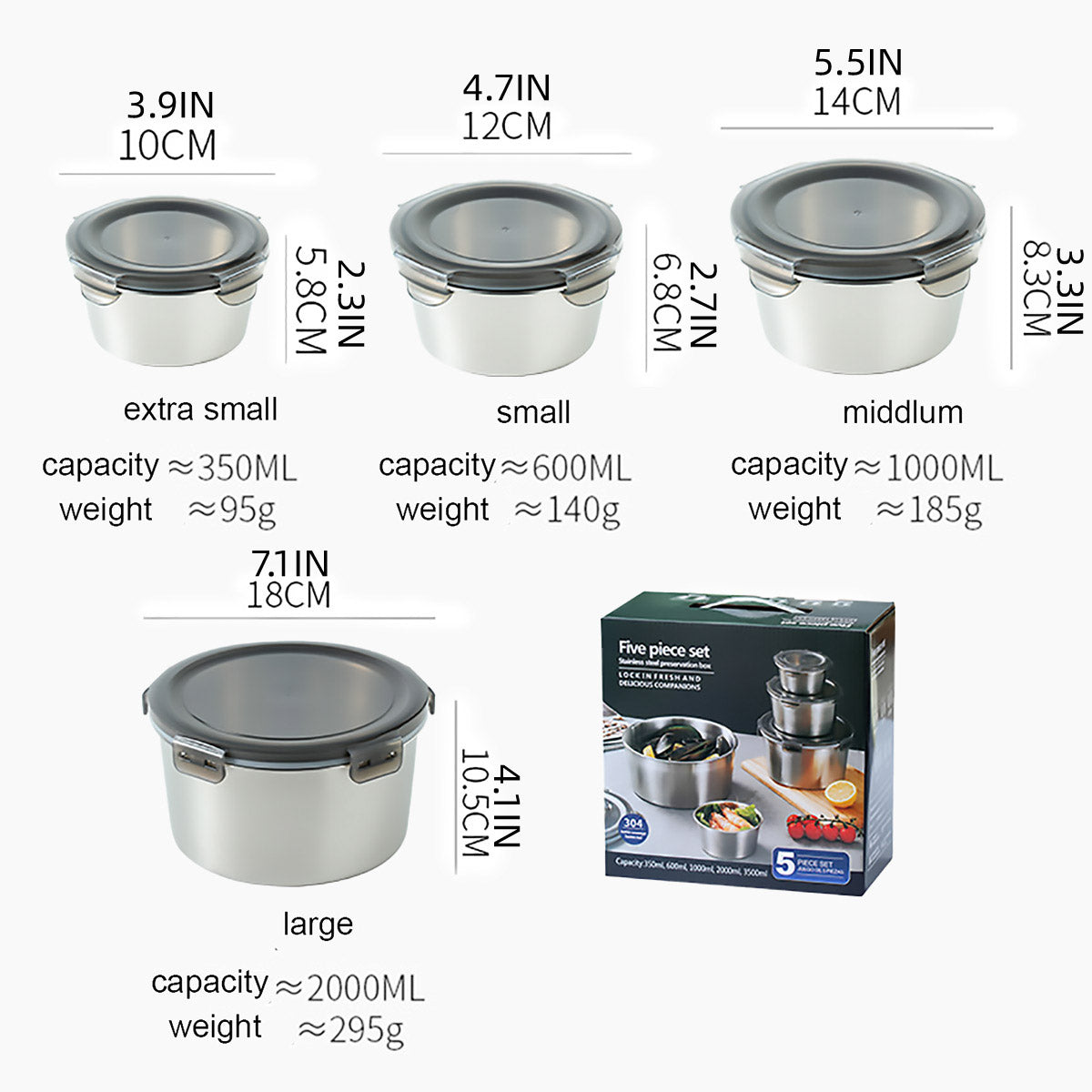 Stainless Steel Box Set 4pcs Sealed Lunch Food Container Refrigerator Use V528-BOX-4PCS-675158