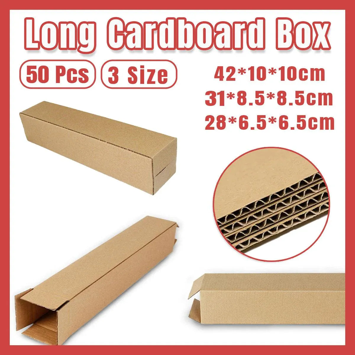 50pcs Long Strip Carton Flat Square Durable Shipping Boxes for Packaging Storage - 6.5cm x 6.5cm x 28cm V528-BOX-50PCS-65-280-257731