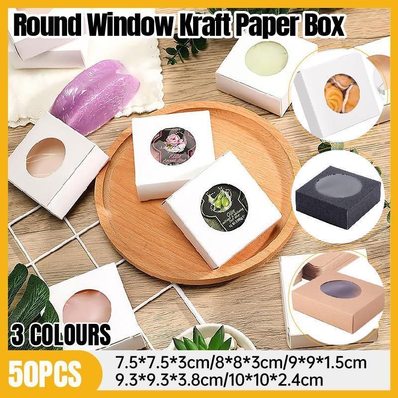 50PCS Handmade Soap Paper Box Round Window Kraft Black White Candy Biscuit Box - Khaki-50pcs 8*8*3CM V528-BOX-50PCS-KHAKI-8-8-3-234561