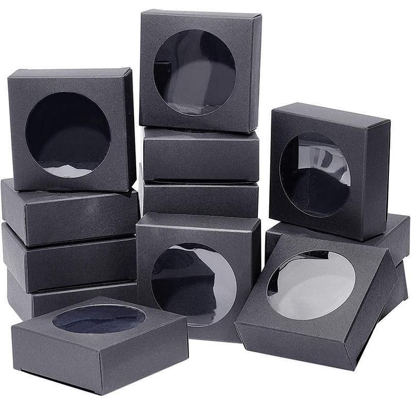 50PCS Handmade Soap Paper Box Round Window Kraft Black White Candy Biscuit Box - Khaki-50pcs 8*8*3CM V528-BOX-50PCS-KHAKI-8-8-3-234561