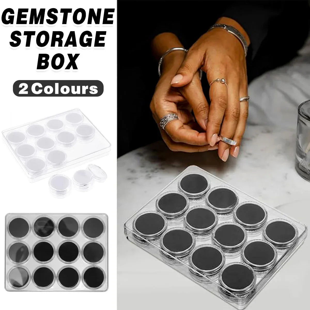 Transparent Round Gemstone Display Box Organizer Case with Lid Storage Packaging - Black V528-BOX-BLACK-834234