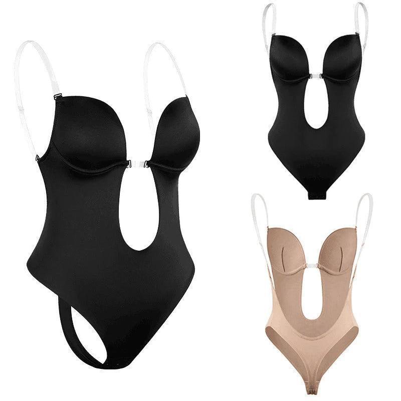 M Size Women Deep U Plunge Seamless Push Up Bra Thong Backless Bodysuit - Skin V528-BRABODYSUIT-BEIGE-M-938875