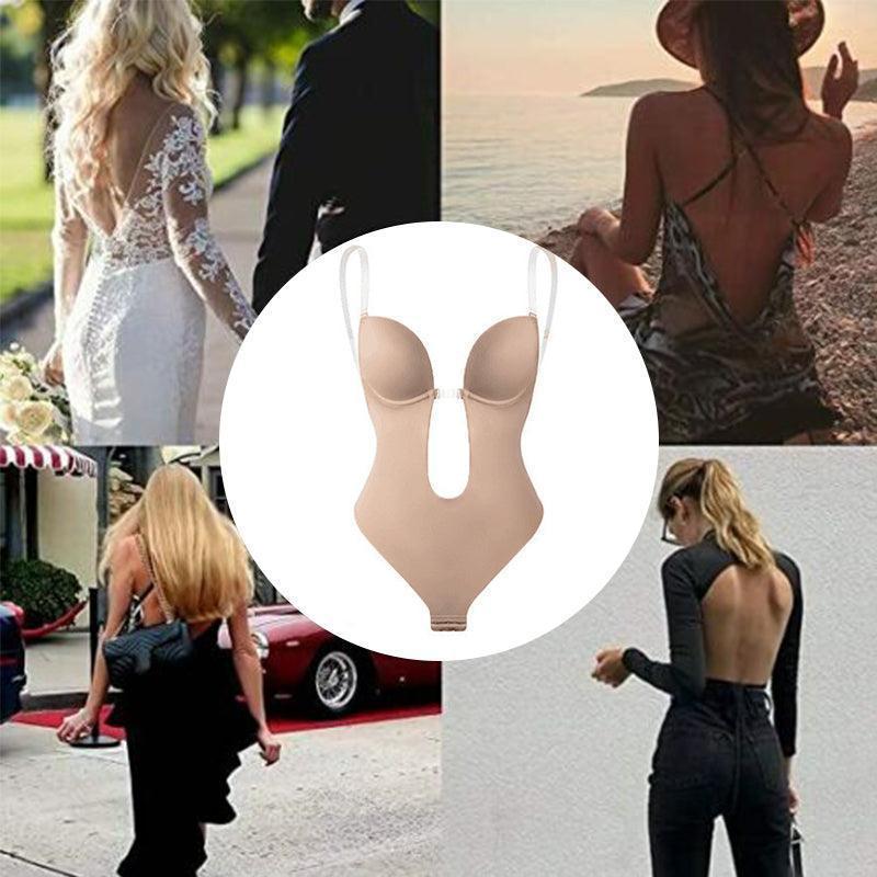M Size Women Deep U Plunge Seamless Push Up Bra Thong Backless Bodysuit - Skin V528-BRABODYSUIT-BEIGE-M-938875