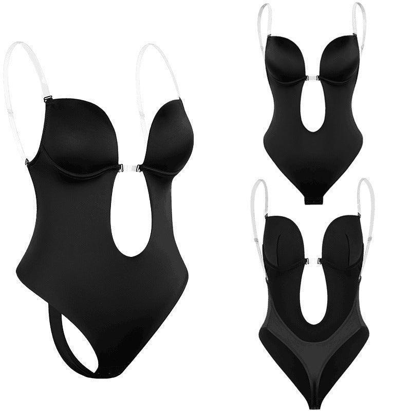 M Size Women Deep U Plunge Seamless Push Up Bra Thong Backless Bodysuit - Skin V528-BRABODYSUIT-BEIGE-M-938875