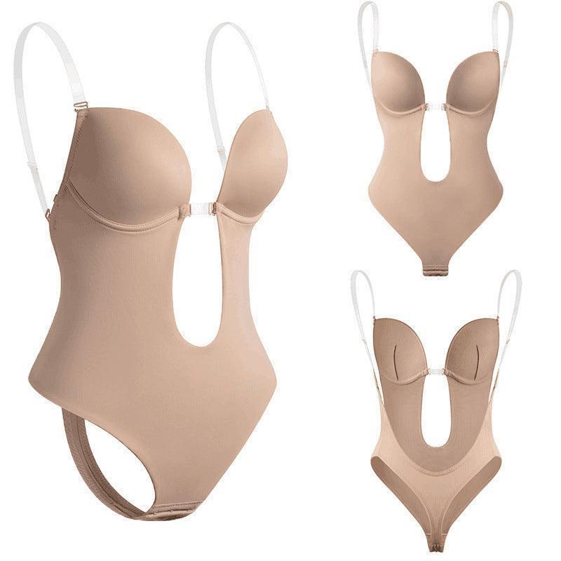 M Size Women Deep U Plunge Seamless Push Up Bra Thong Backless Bodysuit - Skin V528-BRABODYSUIT-BEIGE-M-938875