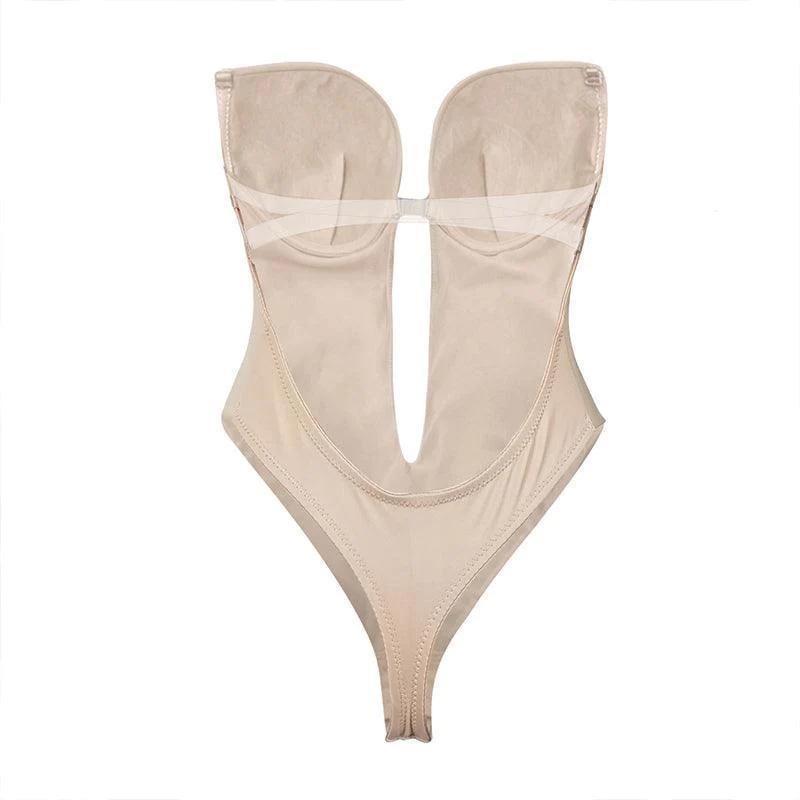 S Size Women Deep U Plunge Seamless Push Up Bra Thong Backless Bodysuit - Skin V528-BRABODYSUIT-BEIGE-S-920931