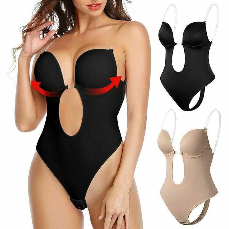 S Size Women Deep U Plunge Seamless Push Up Bra Thong Backless Bodysuit - Black V528-BRABODYSUIT-BLACK-S-781206