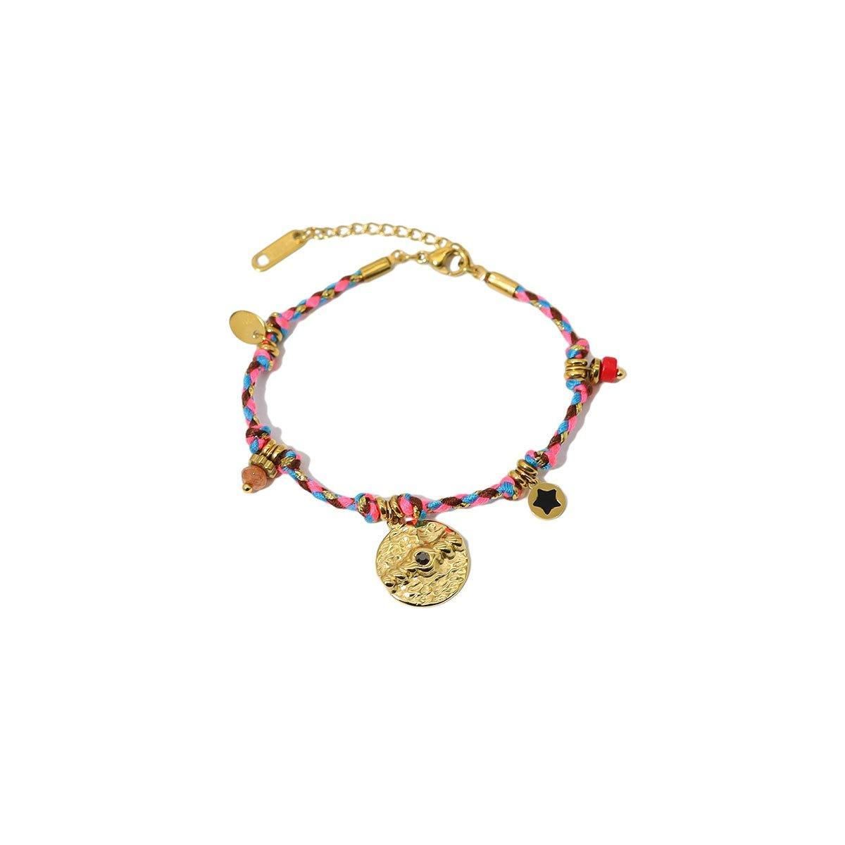 Boho Bracelet Set Women Natural Stone Woven Retro Style Adjustable Layered - Pink V528-BRACELET-SB23062401M-595134