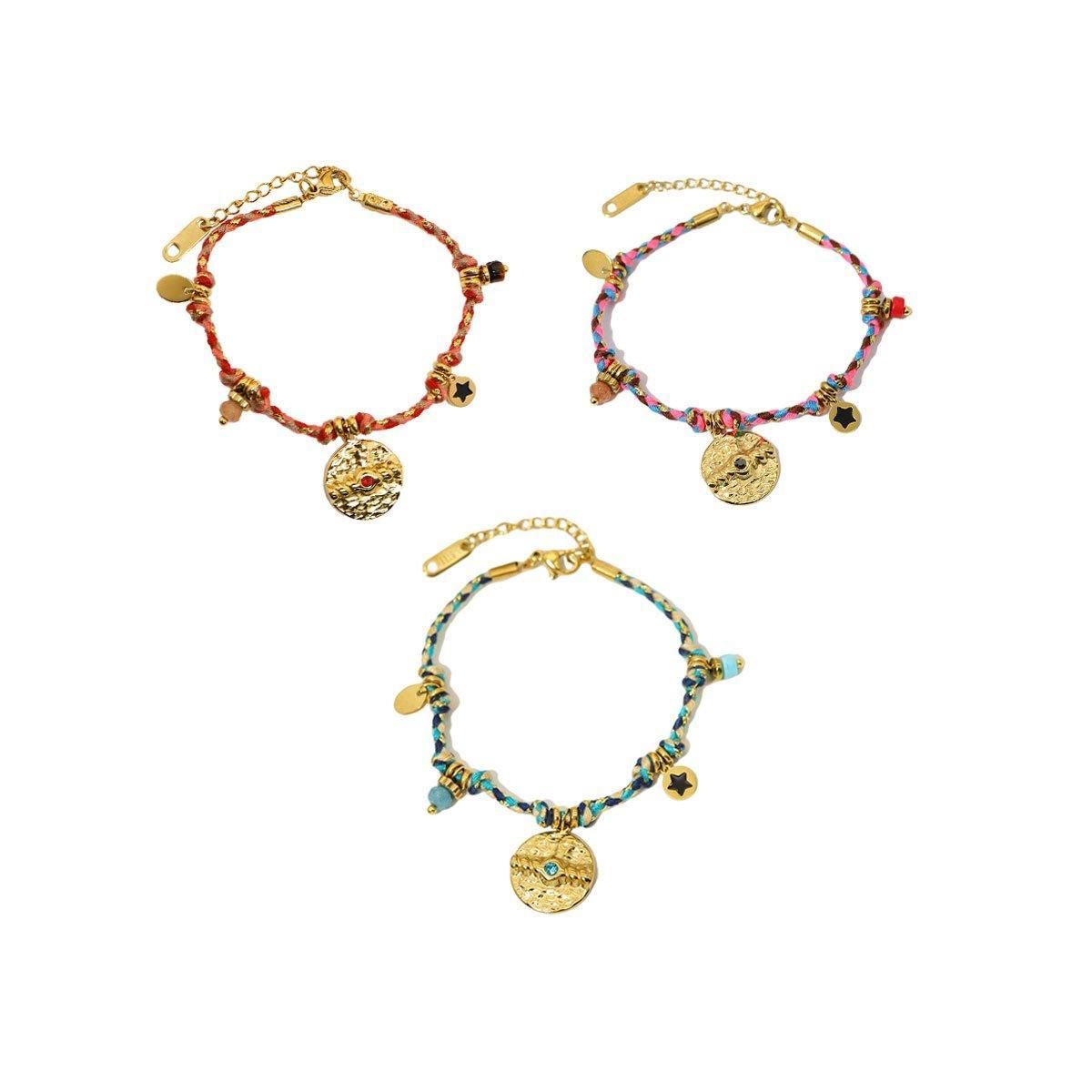 Boho Bracelet Set Women Natural Stone Woven Retro Style Adjustable Layered - Pink V528-BRACELET-SB23062401M-595134