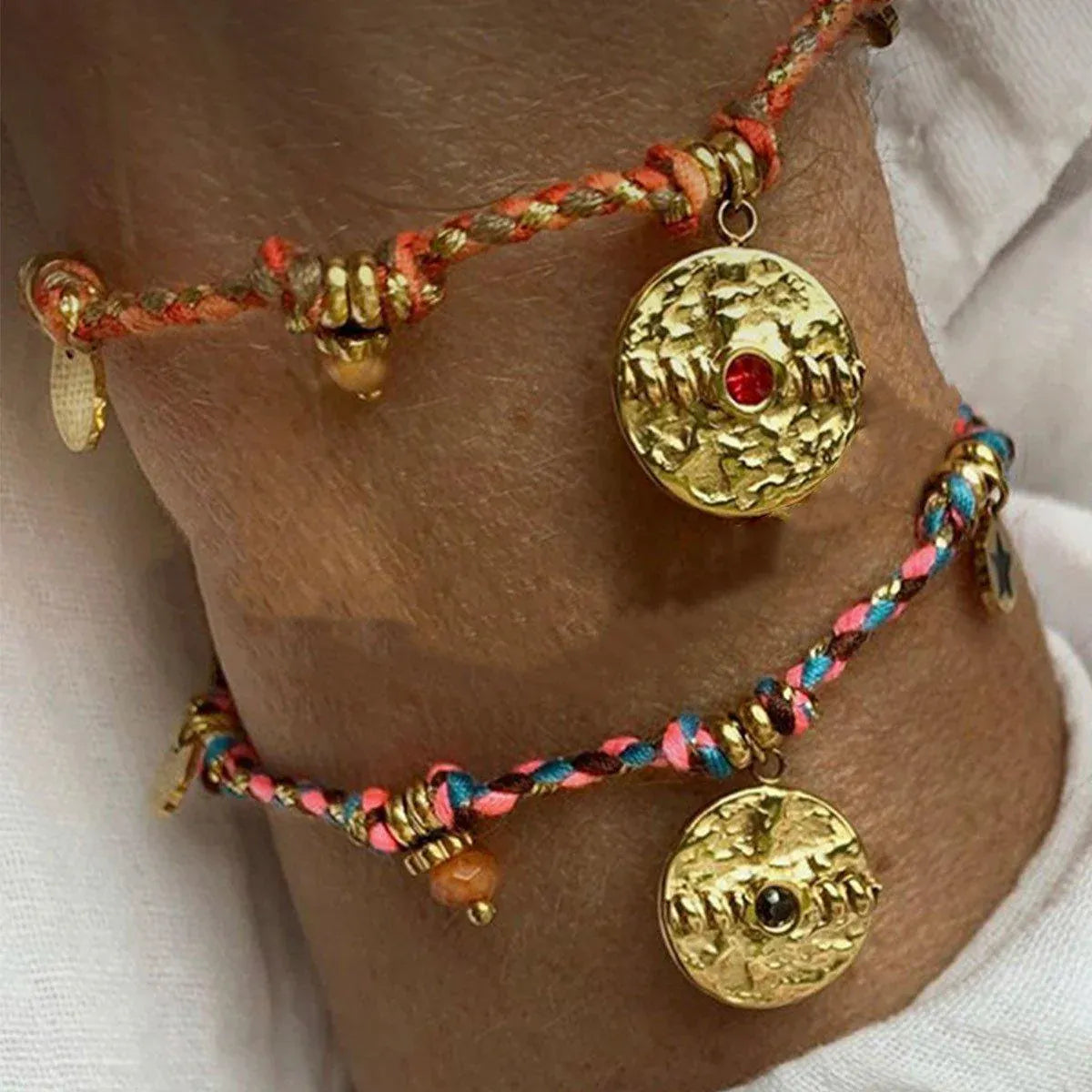 Boho Bracelet Set Women Natural Stone Woven Retro Style Adjustable Layered - Pink V528-BRACELET-SB23062401M-595134