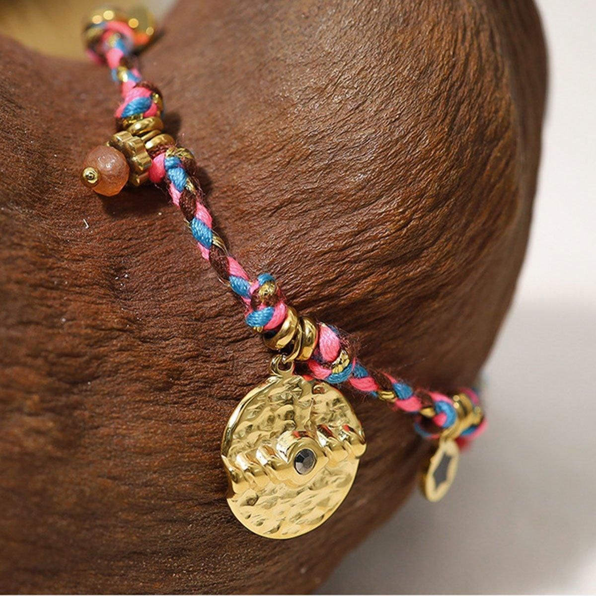 Boho Bracelet Set Women Natural Stone Woven Retro Style Adjustable Layered - Pink V528-BRACELET-SB23062401M-595134