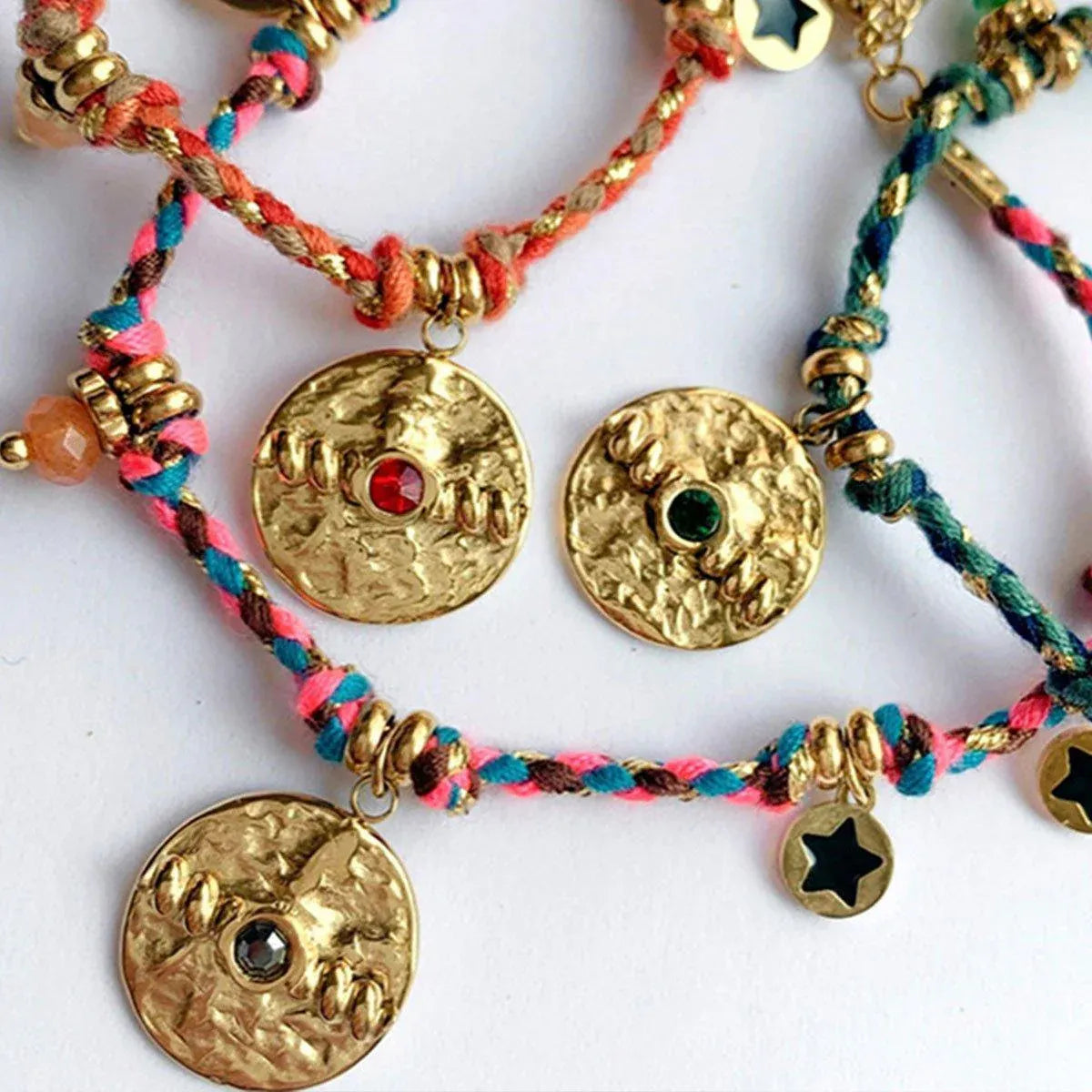 Boho Bracelet Set Women Natural Stone Woven Retro Style Adjustable Layered - Pink V528-BRACELET-SB23062401M-595134