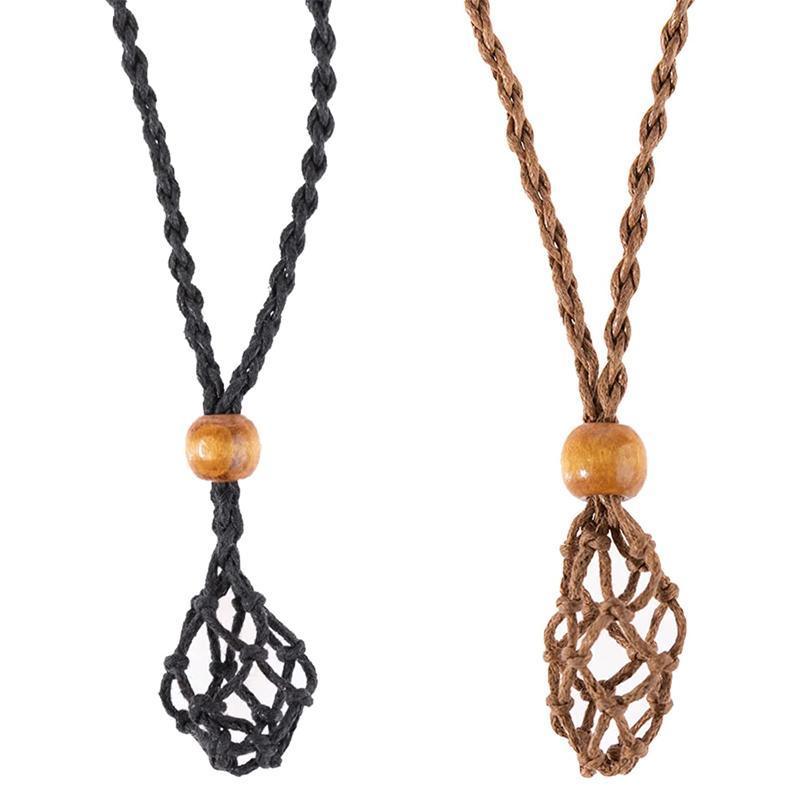 L Size Empty Stone Holder Necklace Crystal Quartz Gemstone Cage Rope Cord Pendant DIY - Brown V528-BRAIDEDNECKLACE-BROWN-L-478146