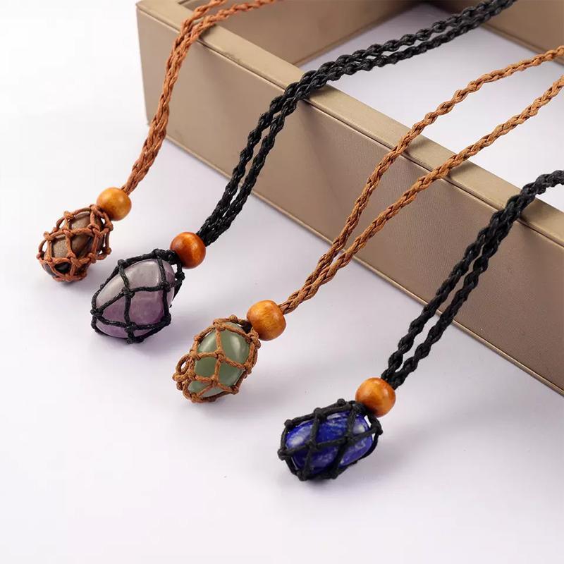 L Size Empty Stone Holder Necklace Crystal Quartz Gemstone Cage Rope Cord Pendant DIY - Brown V528-BRAIDEDNECKLACE-BROWN-L-478146