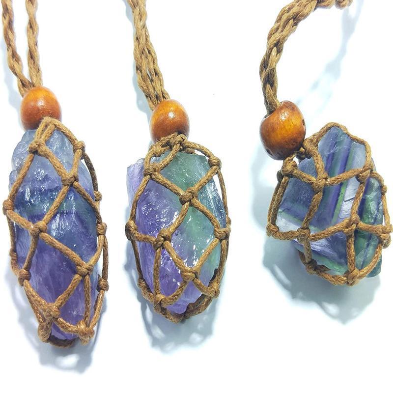 L Size Empty Stone Holder Necklace Crystal Quartz Gemstone Cage Rope Cord Pendant DIY - Brown V528-BRAIDEDNECKLACE-BROWN-L-478146