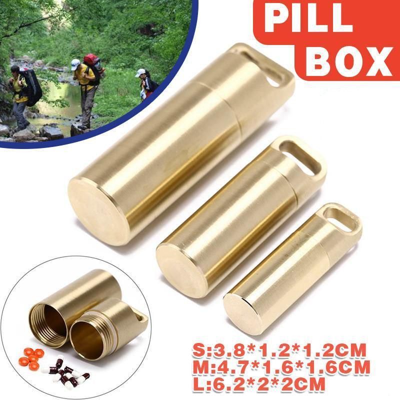 Waterproof Pill Box Case Bottle Brass Container Keyring Medicine Capsule Holder - L V528-BRASSPILLBOX-L-706779