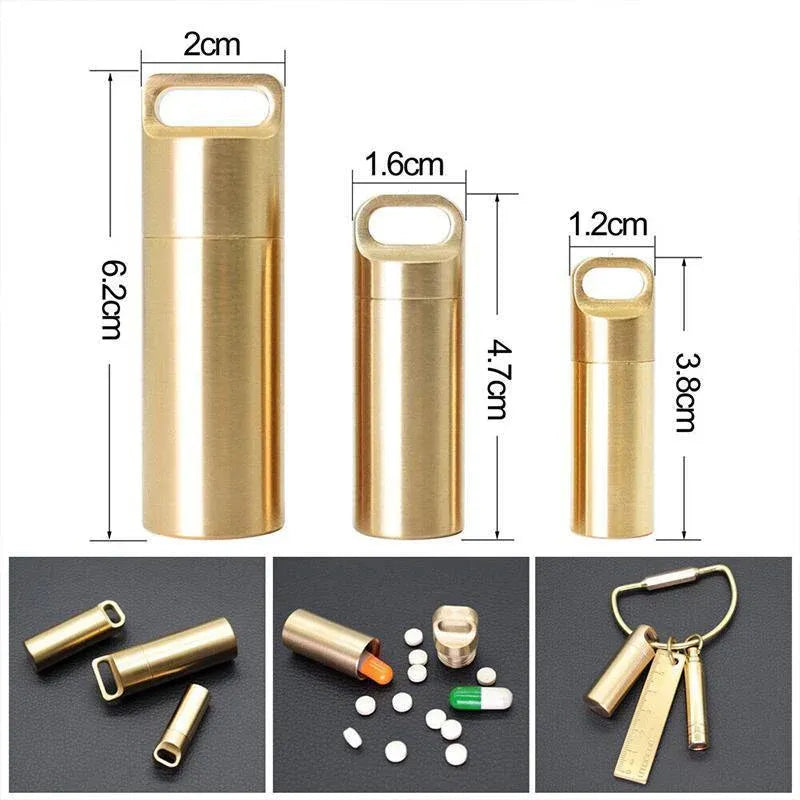 Waterproof Pill Box Case Bottle Brass Container Keyring Medicine Capsule Holder - L V528-BRASSPILLBOX-L-706779