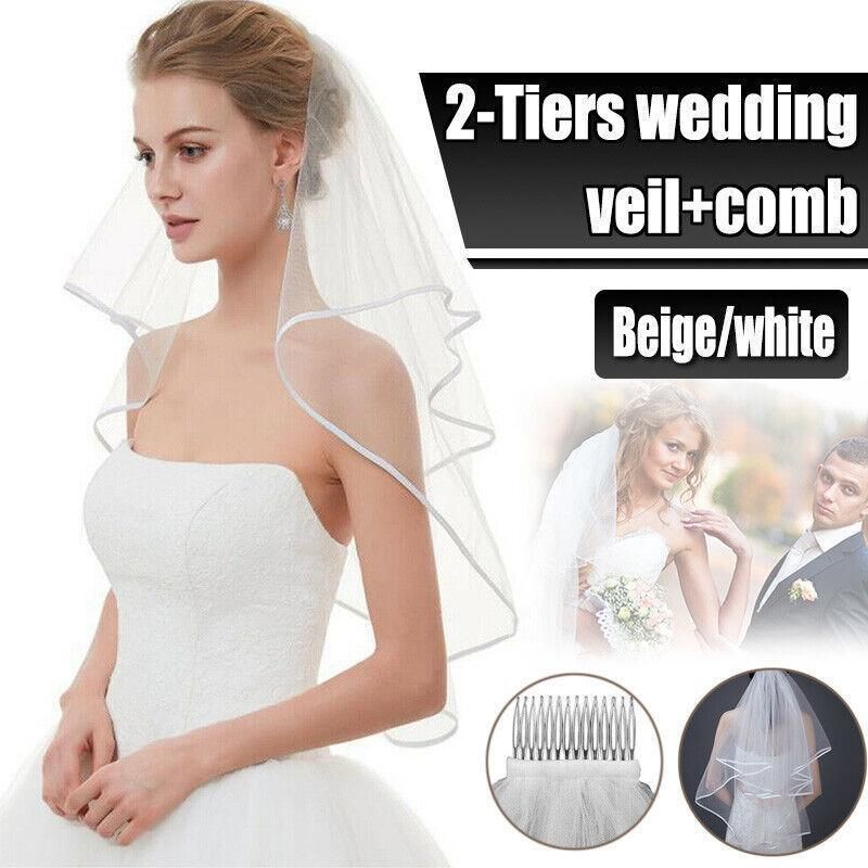 Bridal 2 Layer Wedding Veil with Comb Satin Edge Short Tulle for Women White Ivory - Beige V528-BRIDALWEDDING-IVORY-827299