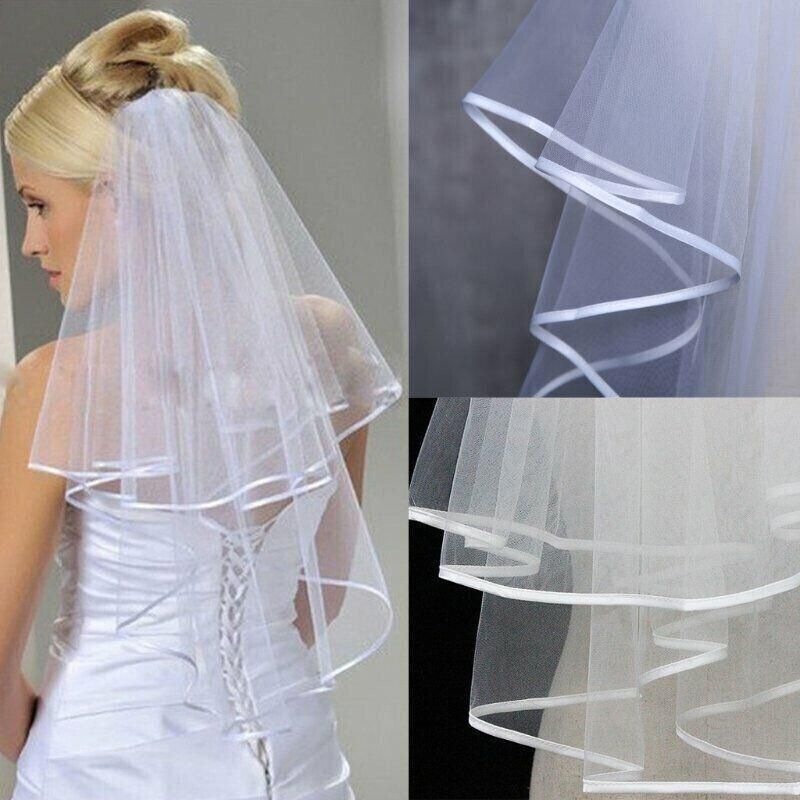 Bridal 2 Layer Wedding Veil with Comb Satin Edge Short Tulle for Women White Ivory - Beige V528-BRIDALWEDDING-IVORY-827299
