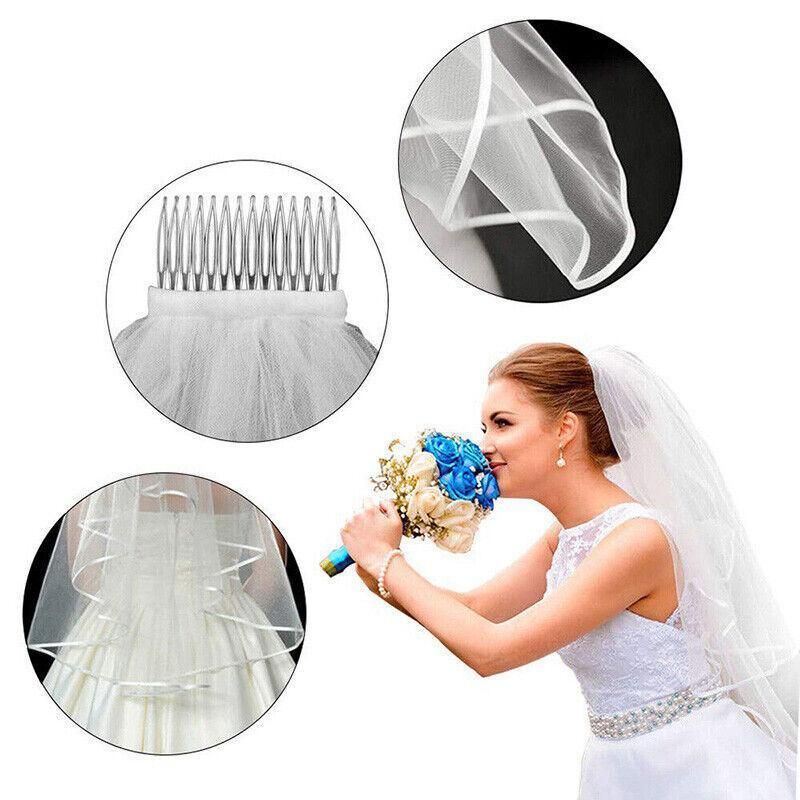 Bridal 2 Layer Wedding Veil with Comb Satin Edge Short Tulle for Women White Ivory - Beige V528-BRIDALWEDDING-IVORY-827299