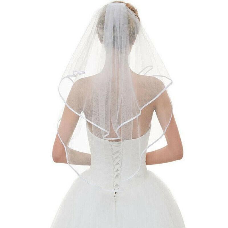 Bridal 2 Layer Wedding Veil with Comb Satin Edge Short Tulle for Women White Ivory - White V528-BRIDALWEDDING-WHITE-930311