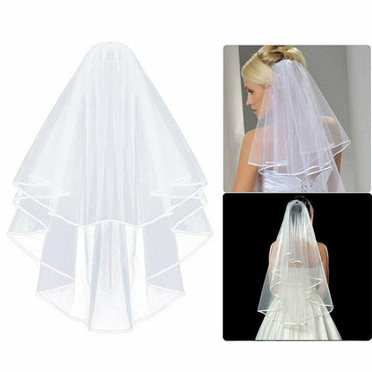 Bridal 2 Layer Wedding Veil with Comb Satin Edge Short Tulle for Women White Ivory - White V528-BRIDALWEDDING-WHITE-930311